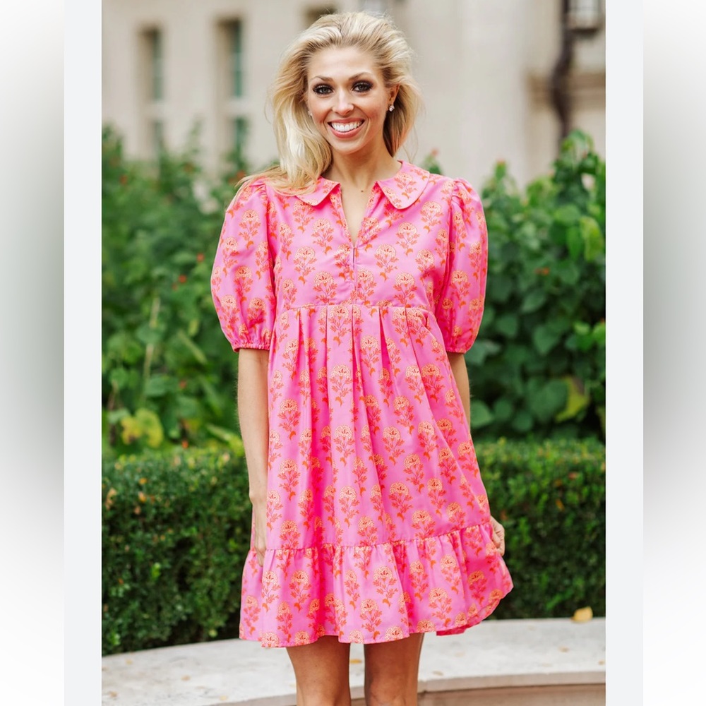 J.Marie, Ella Ann Split Peter Pan Collar Short Puffed Sleeve Tiered Dress